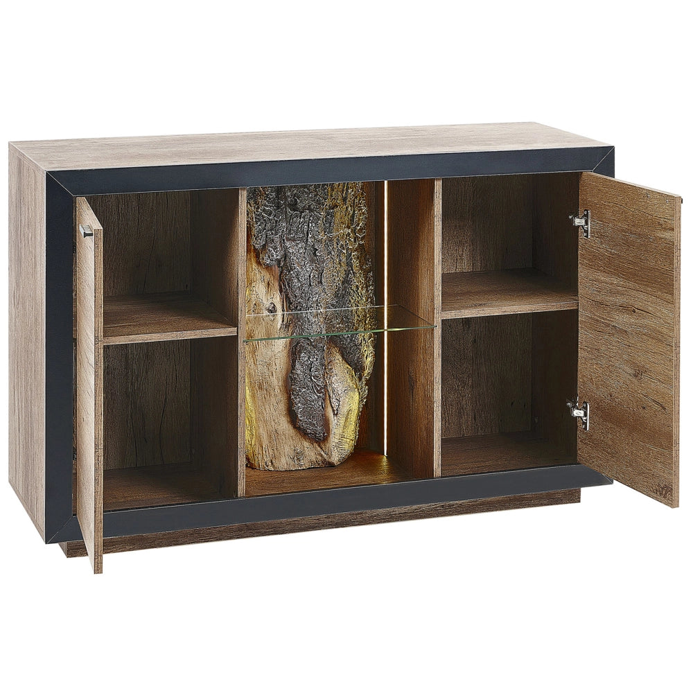 Credenza LED in legno chiaro nero 120 x 42 cm MDF con 2 ante e mensole soggiorno camera da letto rustico