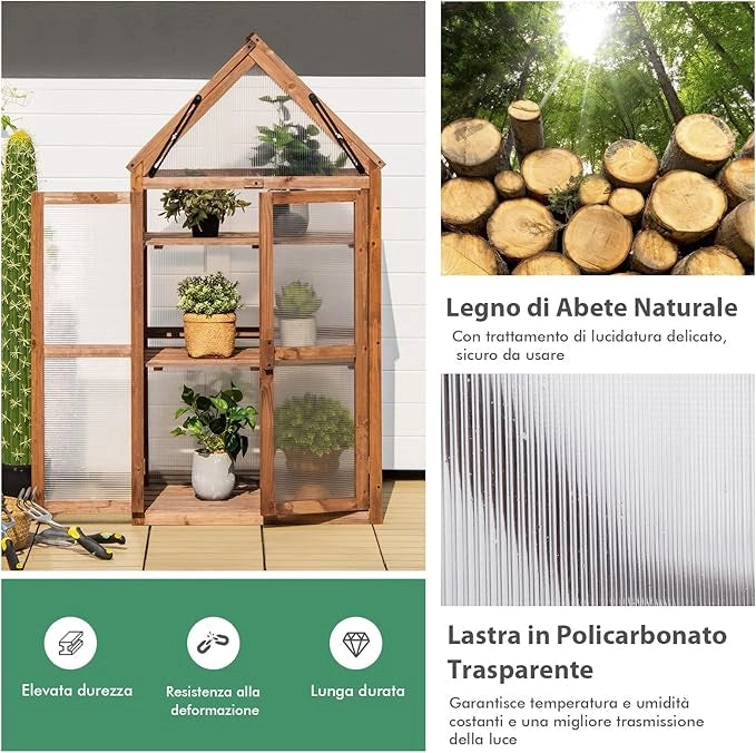 Mini Serra da Giardino in Legno a 3 Livelli, Serra da Giardino con Coperchio Apribile, Ripiani Rimovibili, Serra a Forma di Casetta da Interno ed Esterno, 71 x 41 x 133 cm