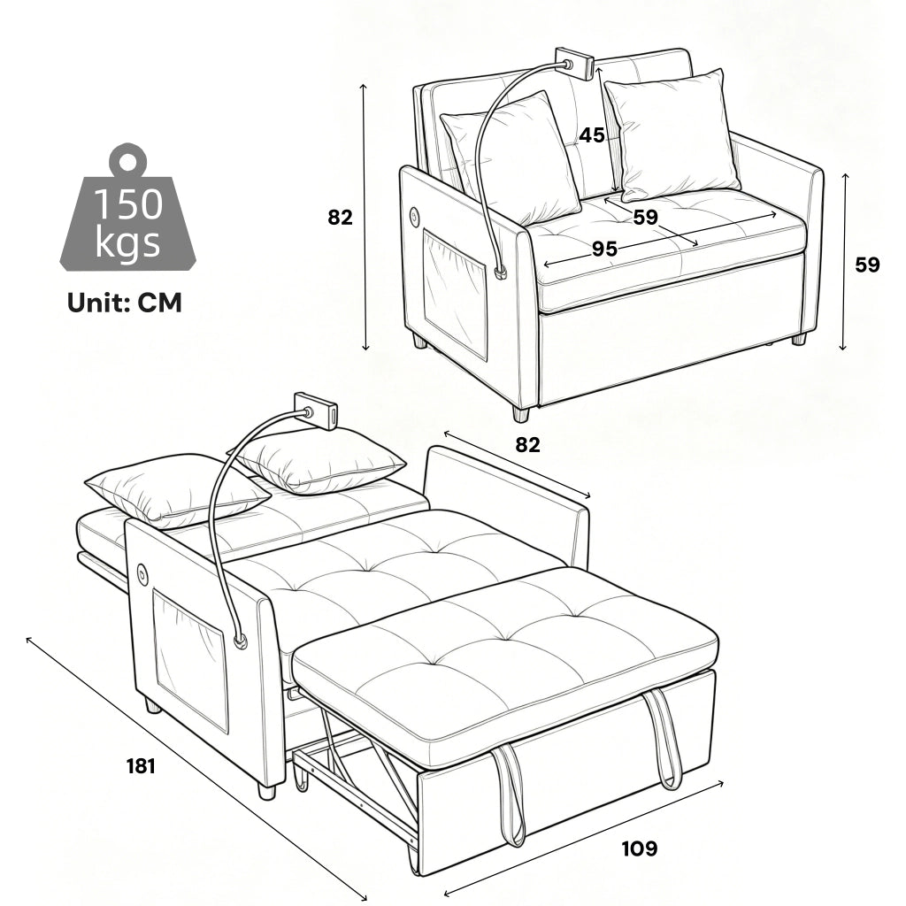 Divano convertibile con porta USB e supporto tablet in tessuto lino spazzolato per studio grigio 109 × 72 × 83,5 cm