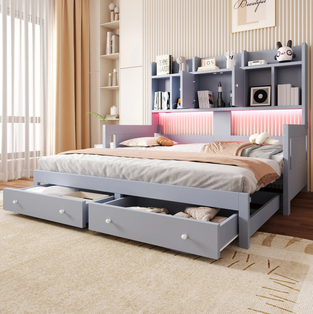 Divano letto estraibile 90x190 cm con cassetti e LED in legno grigio