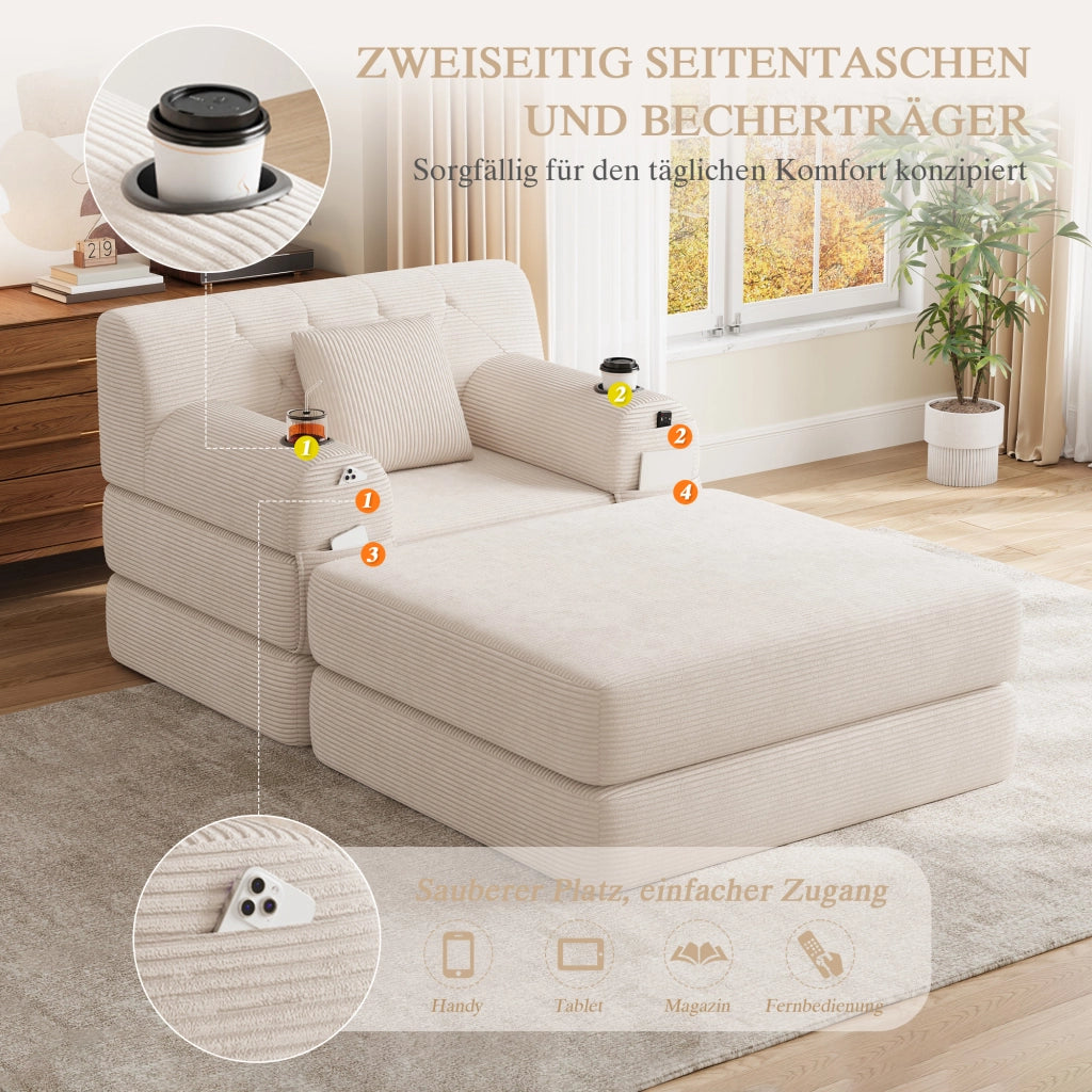 Poltrona letto compatta con funzione letto schienale alto tasche laterali e portabicchieri in tessuto cord beige