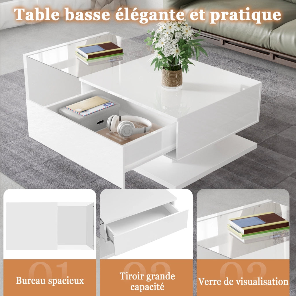 TAVOLINO DA SALOTTO 105x55x32,5 cm Bianco lucido in pannello di legno con LED