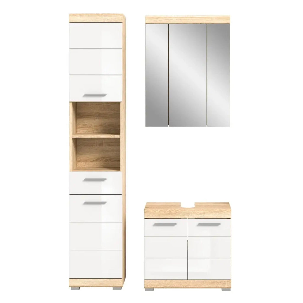 Set da bagno LEWOTO – 1 colonna, 1 mobile sotto lavabo, 1 armadietto con specchio – Bianco e rovere