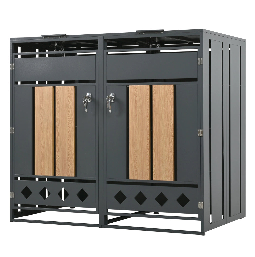 Box per bidoni rifiuti a 2 scomparti con coperchio idraulico; 132x80x118;5 cm; acciaio grigio effetto legno