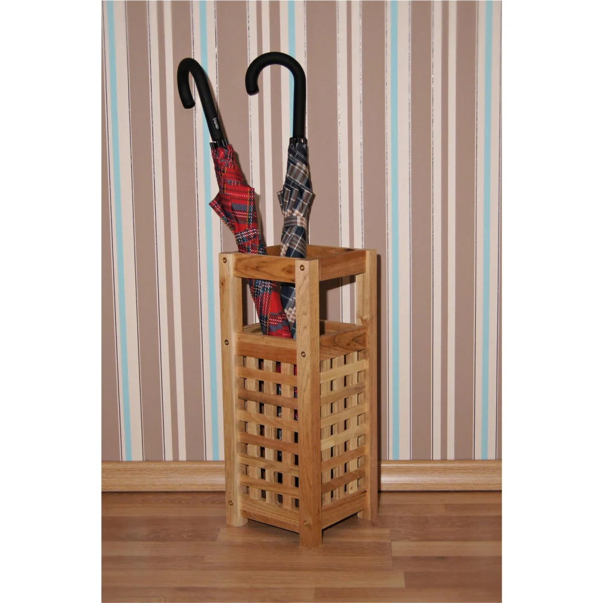 Portaombrelli in legno di noce, design a traliccio