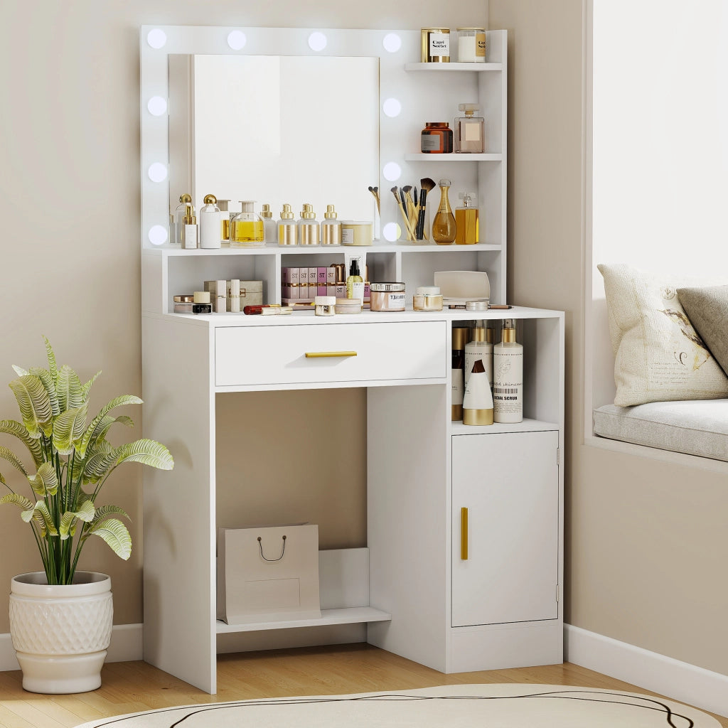 Toeletta con specchio e 10 luci LED ¨C Xylo ¨C Cassetto, anta, ripiani, 80x40x135cm, bianco