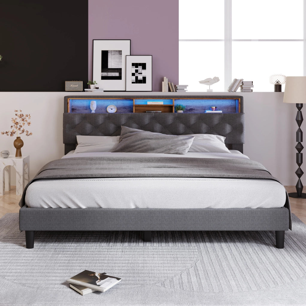 Letto matrimoniale ULEVR 140x200 cm con testiera contenitore e LED multicolore, grigio