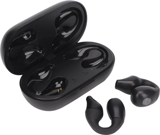 Orecchini wireless Bluetooth con ricezione stereo Hi-Fi, impermeabili, con clip da fissaggio e stazione di ricarica.