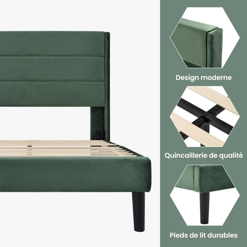 Letto Singolo 90 x 200 cm; 1 Posto con Testiera Imbottita; senza Materasso; in Velluto; Verde Scuro