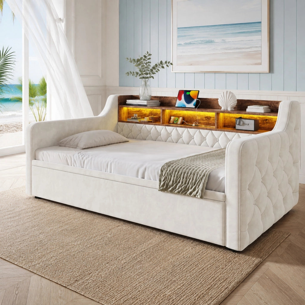 LETTO Divano letto estraibile 90x190 cm in velluto beige con LED e USB