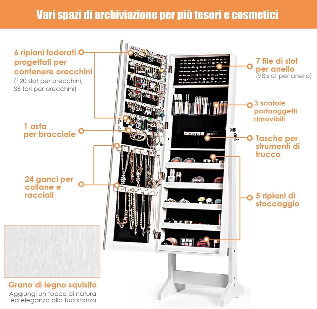 Armadietto Portagioie Specchiera per Gioielli, Armadio per Gioielli 2 in 1 con Grande Capacità, 4 Angoli Regolabili, 41 x 36,5 x 146 cm (Bianco)