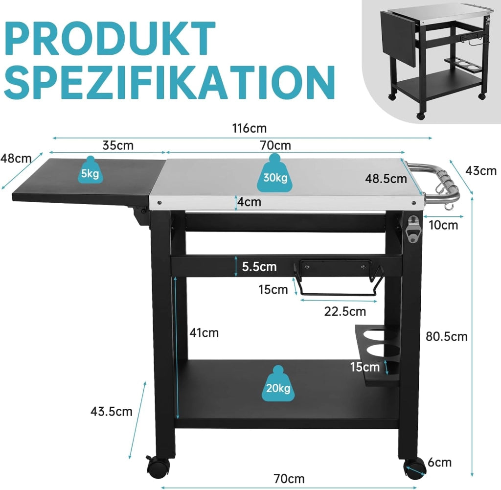 Carrello Barbecue per Esterni,Carrello da Pranzo Multifunzionale con Tavolo Laterale Pieghevole,Tavolo per Grigliare con Piano in Acciaio Inox,4 Ruote,Ganci e Portabottiglie,116x48.5x80.5 cm