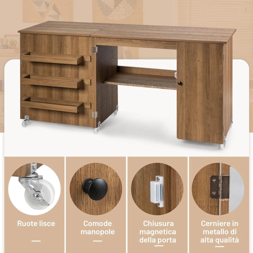 Tavolo Pieghevole da Cucito, Tavolo Versatile a Ribalta con Superficie Ampia, Scrivania per Computer con Ruote Bloccabili, Ideale per Salone Camera da Letto Studio (Naturale)