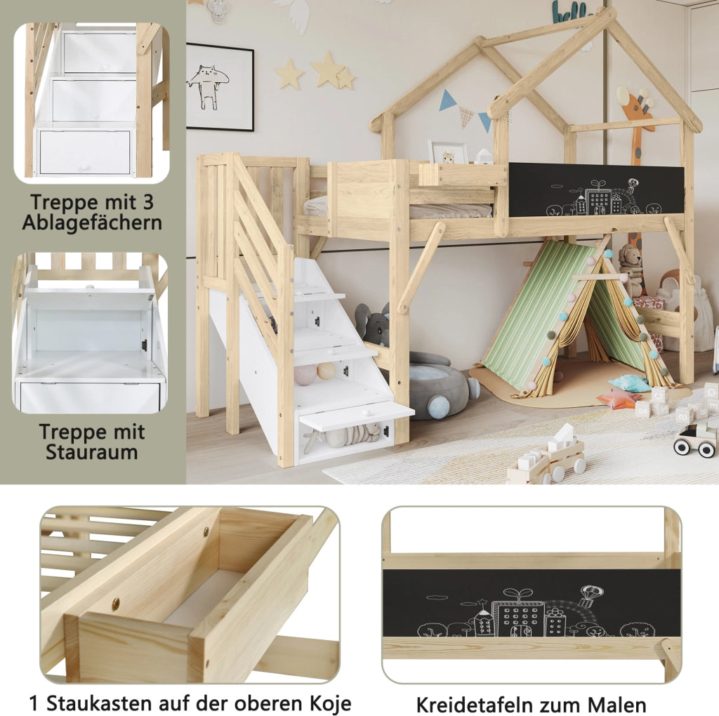 Letto a castello 90x200 cm con lavagna; scala contenitore a 3 vani; bianco e naturale