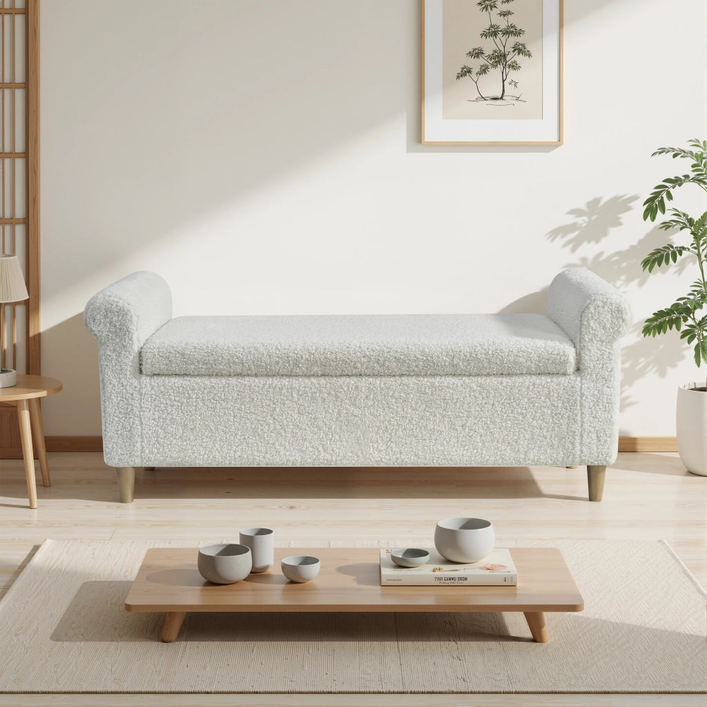 Pouf contenitore con coperchio sollevabile, in tessuto e piedi in legno, stile nordico bianco 106 × 51 × 33 cm