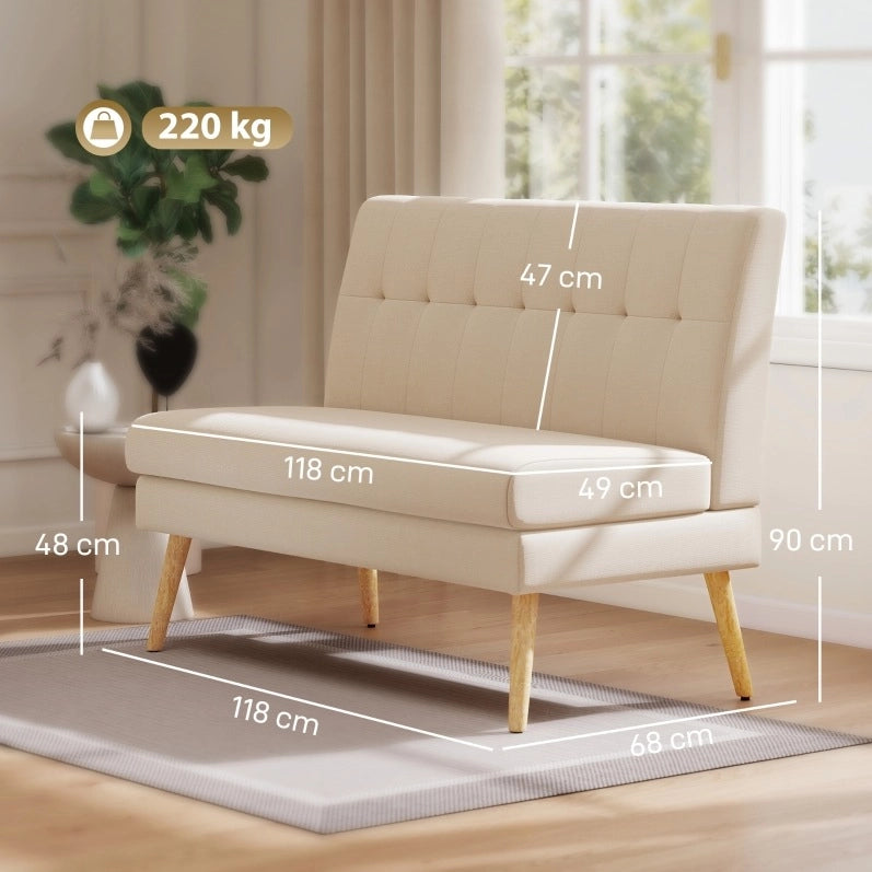 Divano 2 posti beige con schienale trapuntato e gambe in legno