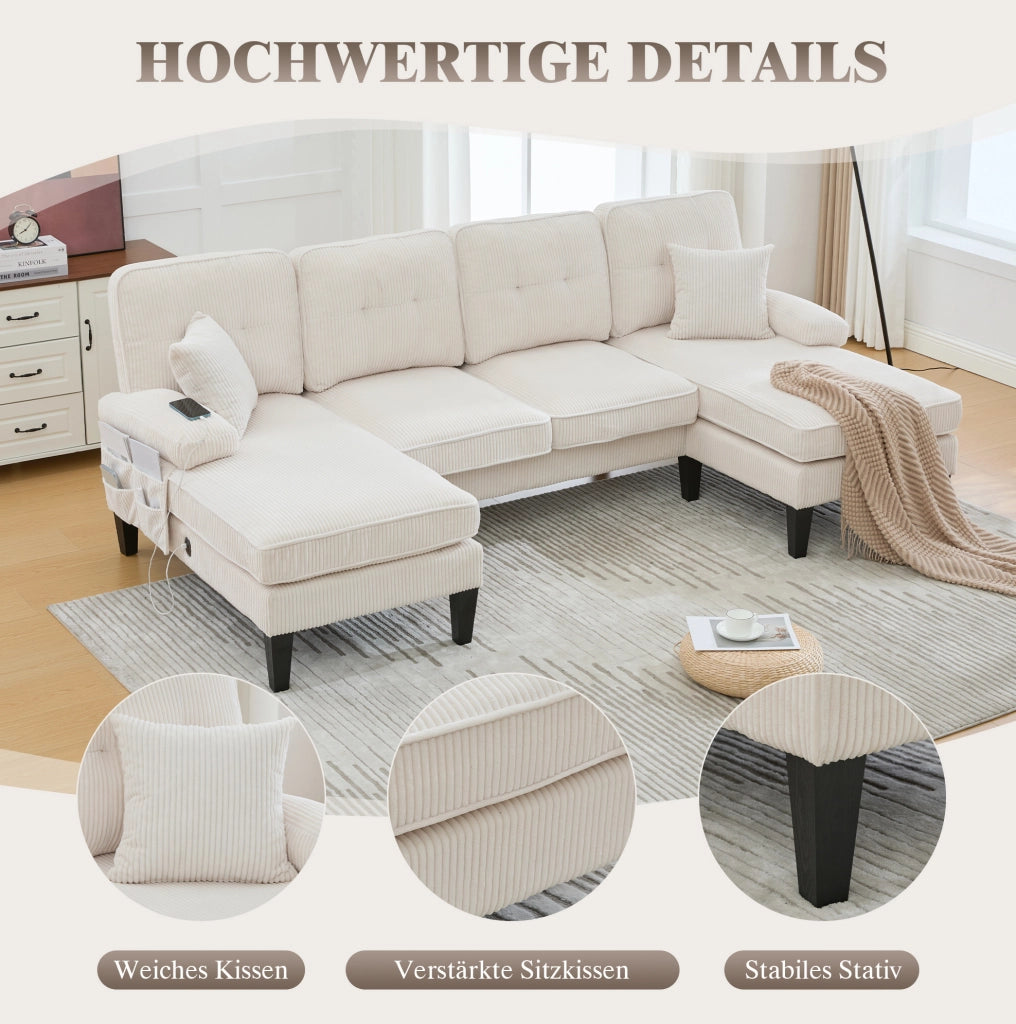 Divano a U 4 posti con doppia chaise longue; in tessuto effetto corda beige; 250x130x88 cm