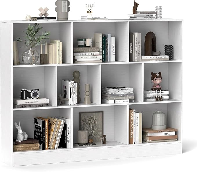 COSTWAT Libreria a 10 Cubi, Organizzatore di Stoccaggio a 3 Ripiani con 2 Kit Anti-Ribaltamento, Scaffale Multiuso in Legno per Soggiorno Camera da Letto Ufficio, 140x24x104 cm (Bianco)