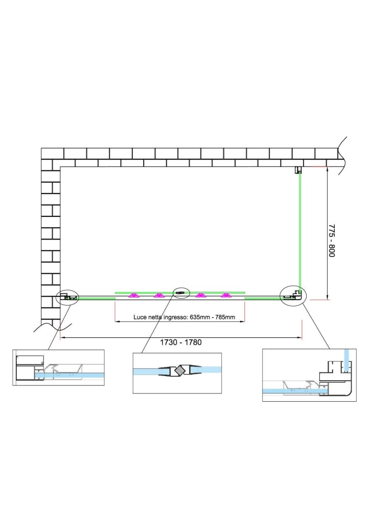 Box doccia 6 mm H 190 parete fissa e porta a 4 ante con apertura centrale MISURA 77,5-80 ANTA FISSA + PORTA 173-178