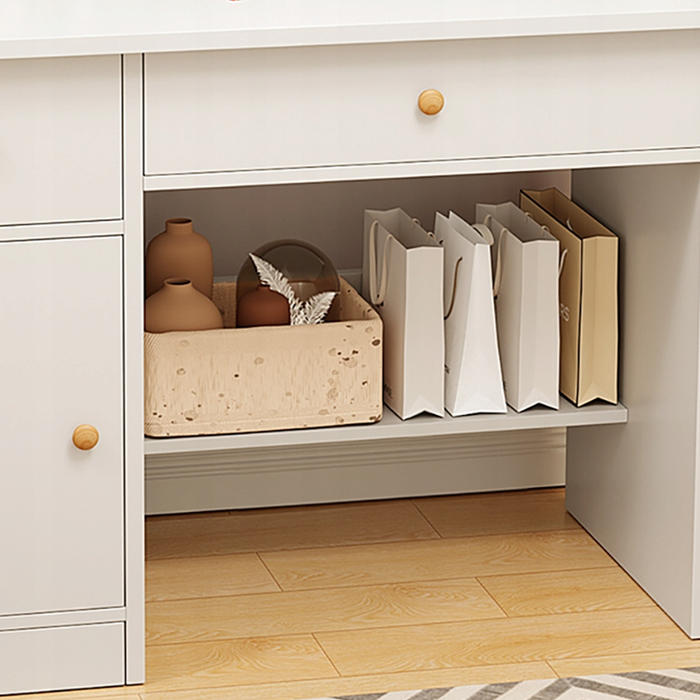 Toeletta trucco 80x34x125 cm, finitura bianca, ideale per la camera da letto.