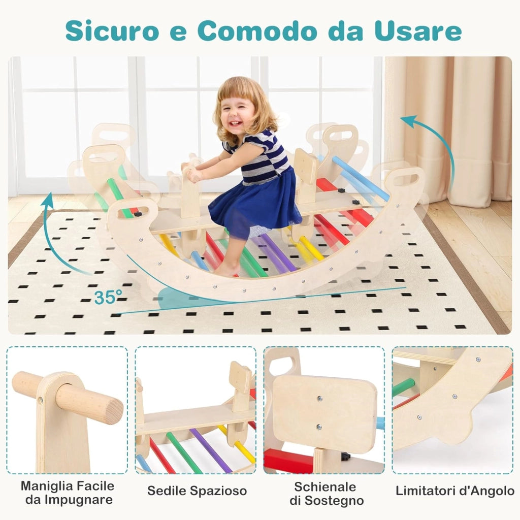 4 in 1 Arrampicata per Bambini, Arco Cavallo a Dondolo Multifunzionale in Legno, Dondolo a 35°, Ideale per Bambini 1-5 Anni, 112 x 52 x 44 cm
