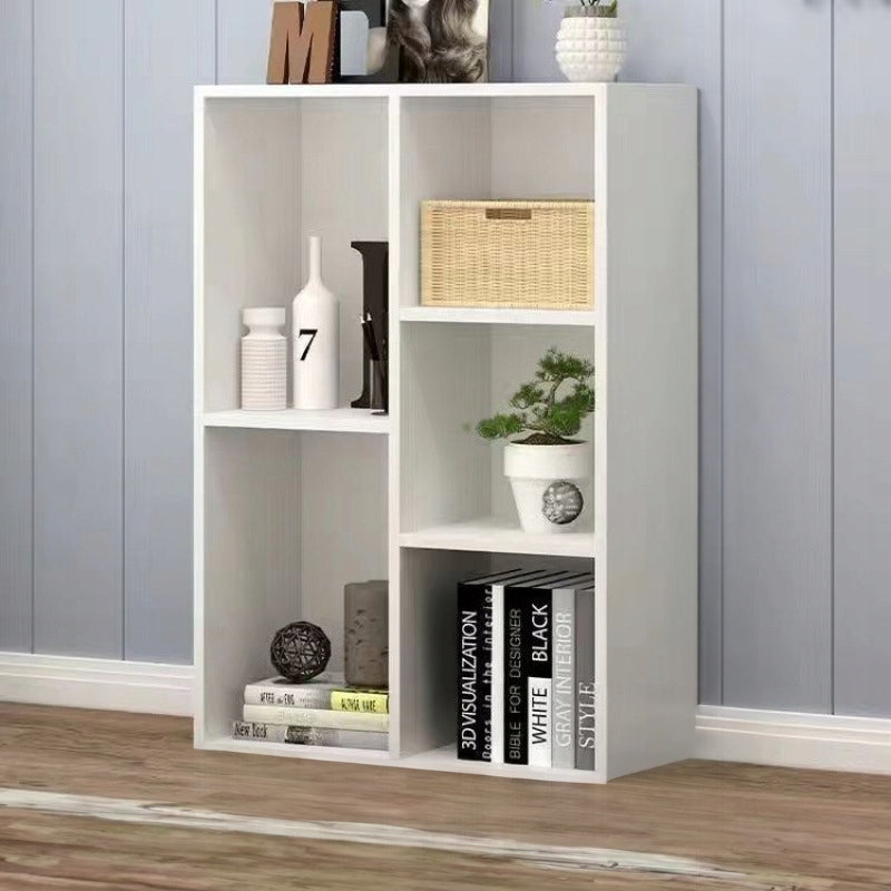 Scaffale aperto grande stile loft scandinavo, con 5 ripiani e cassettiera, colore bianco.