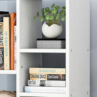 Scaffale aperto grande stile loft scandinavo, con 5 ripiani e cassettiera, colore bianco.