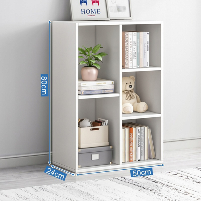 Scaffale aperto grande stile loft scandinavo, con 5 ripiani e cassettiera, colore bianco.