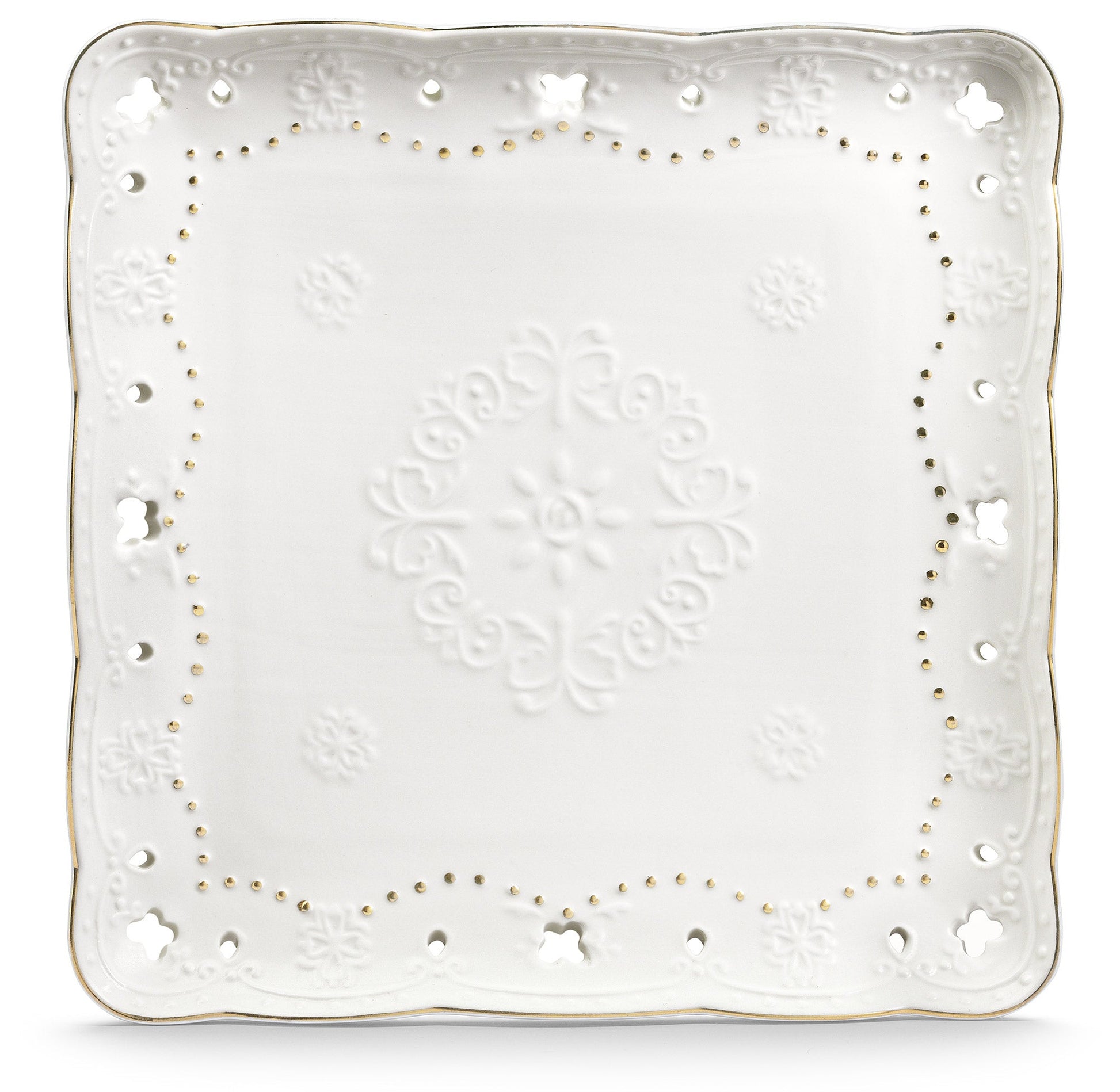Piatto Quadrato 25,5x25,5 cm Traforato in Porcellana Kaleidos Charme Filo Oro
