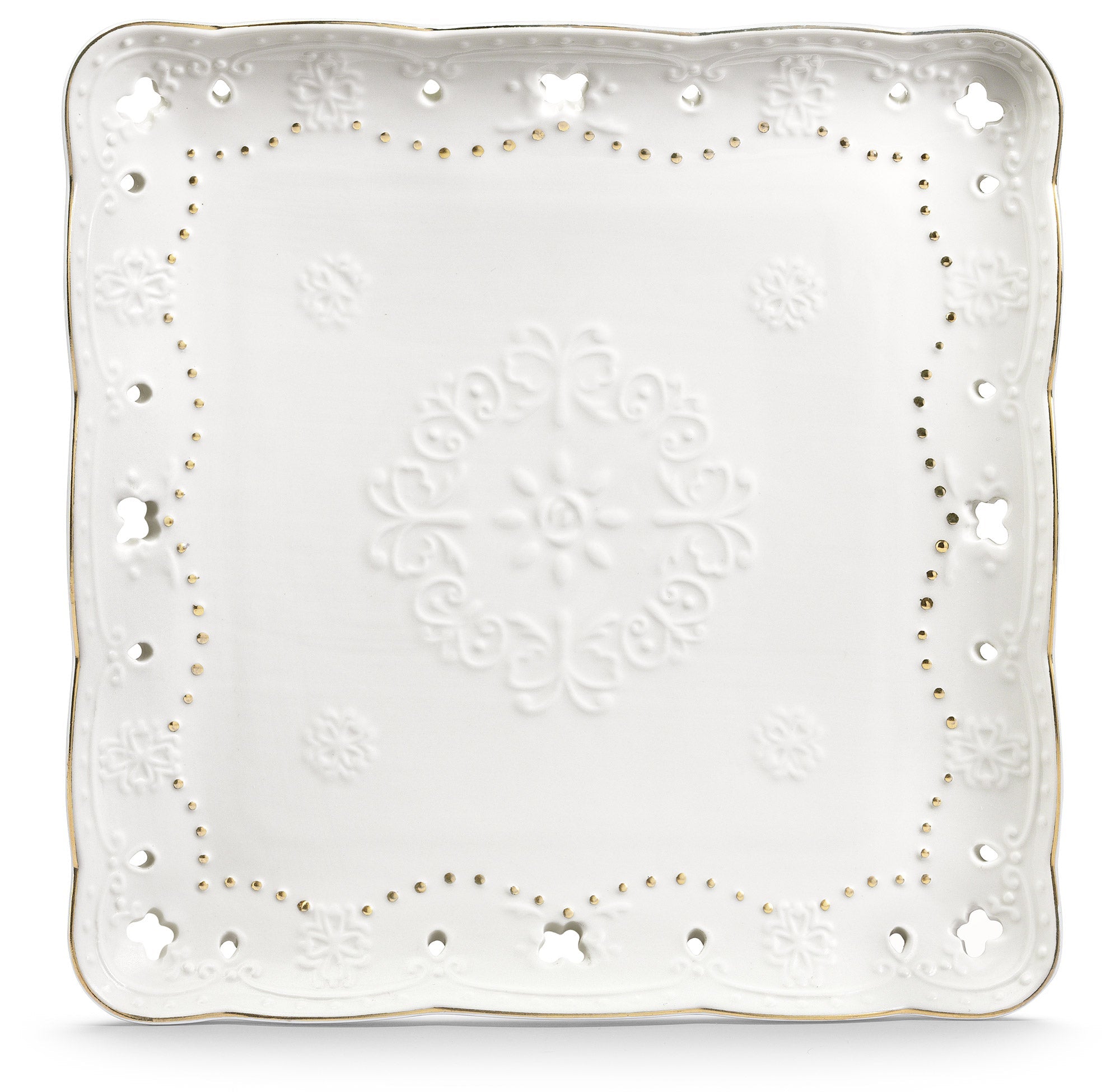 Piatto Quadrato 25,5x25,5 cm Traforato in Porcellana Kaleidos Charme Filo Oro