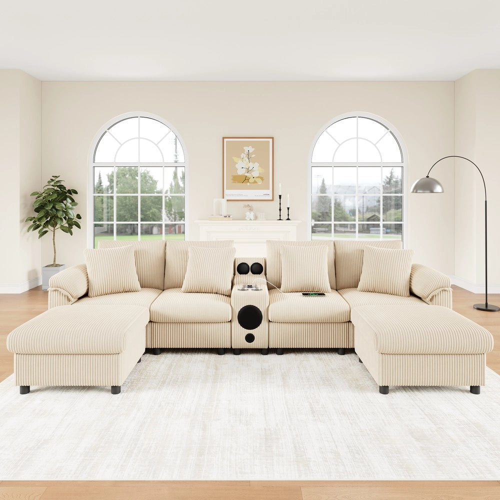 Divano angolare ¨C Minimal ¨C Beige tessuto imbottito con contenitore cuscini 4 posti