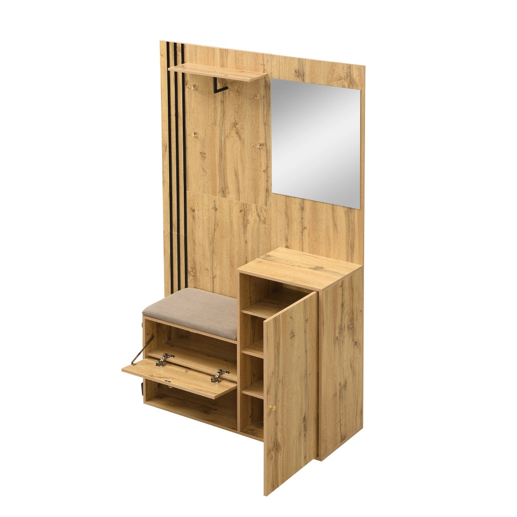 Guardaroba da ingresso compatto con specchio, panca imbottita e portascarpe, struttura in MDF, colore naturale e nero, 115 x 37 x 185 cm