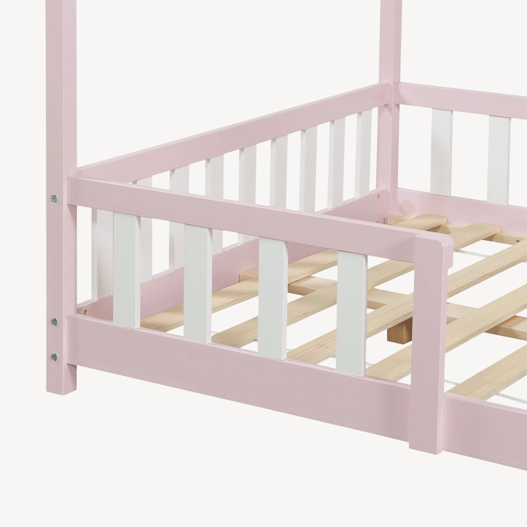 Letto per Cameretta Treviolo a Forma di Casetta in Stile Montessori 120x200 cm Rosa/Bianco [en.casa]