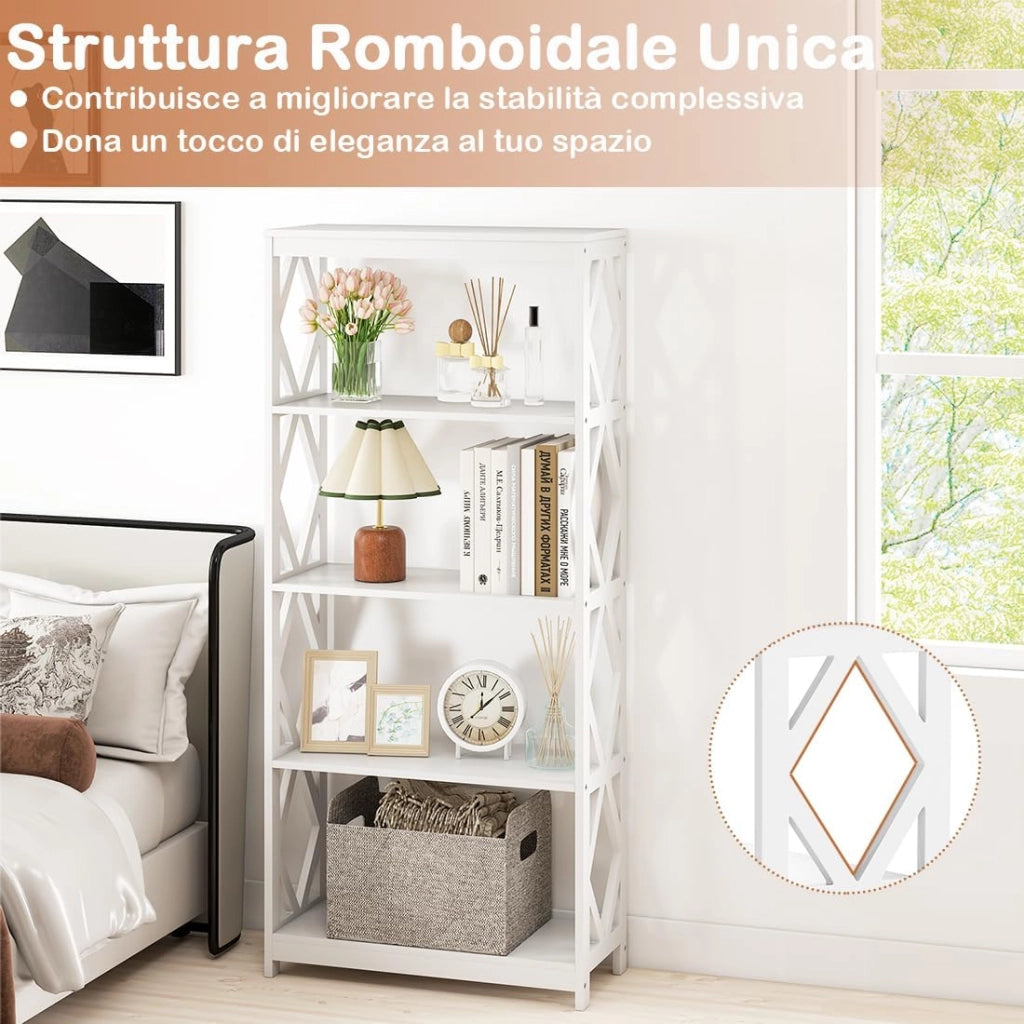 Libreria 5 Ripiani, Scaffale in Legno con Struttura Romboidale, Scaffale Espositivo Aperto Autoportante per Ufficio, Soggiorno e Camera da Letto, 70×30×155 cm