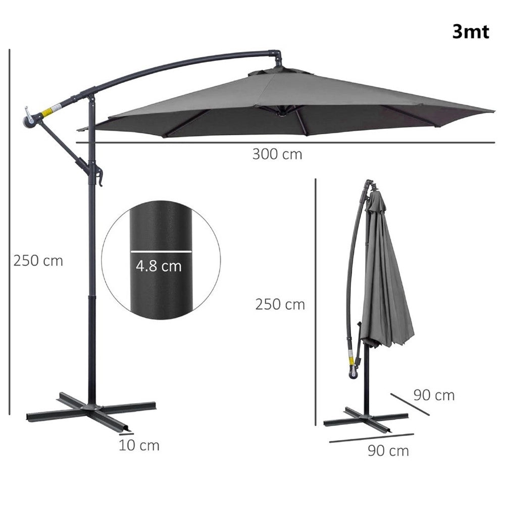 Trade Shop - Ombrellone Decentrato Inclinabile 3mt Con Base A Croce Manovella Da Esterno Giardino - Grigio