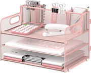Organizzatore per scrivania 3 livelli con maniglia e 3 contenitori per penne, organizzatore per carta/cartacee per scrivania, cassetto per carta per materiali da ufficio, rosso