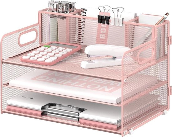 Organizzatore per scrivania 3 livelli con maniglia e 3 contenitori per penne, organizzatore per carta/cartacee per scrivania, cassetto per carta per materiali da ufficio, rosso