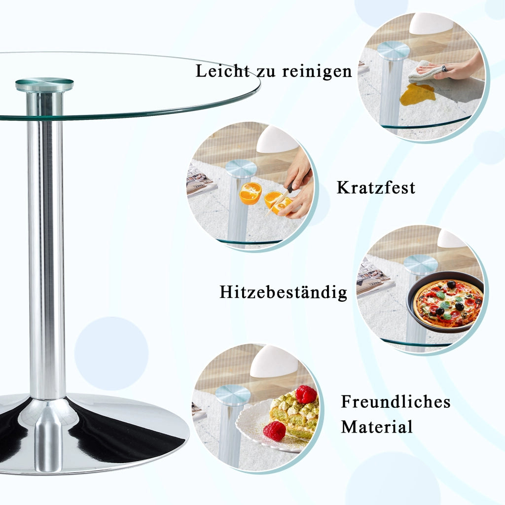 Tavolo da Pranzo Rotondo per 4 Persone; Stile Minimalista; in Vetro e Metallo; Argento Trasparente; 85 x 76 cm