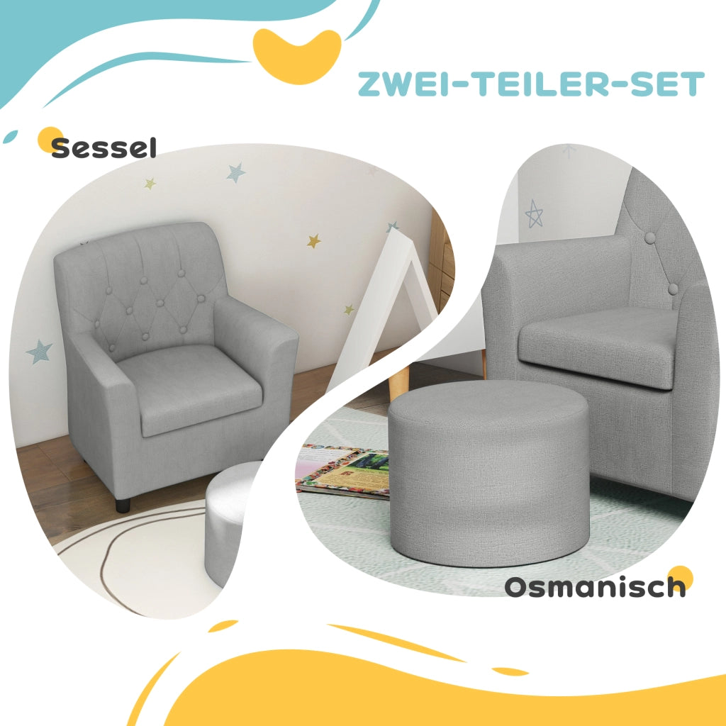 Poltrona per Bambini con Pouf ¨C Zephmum ¨C Grigio, Tessuto, Legno