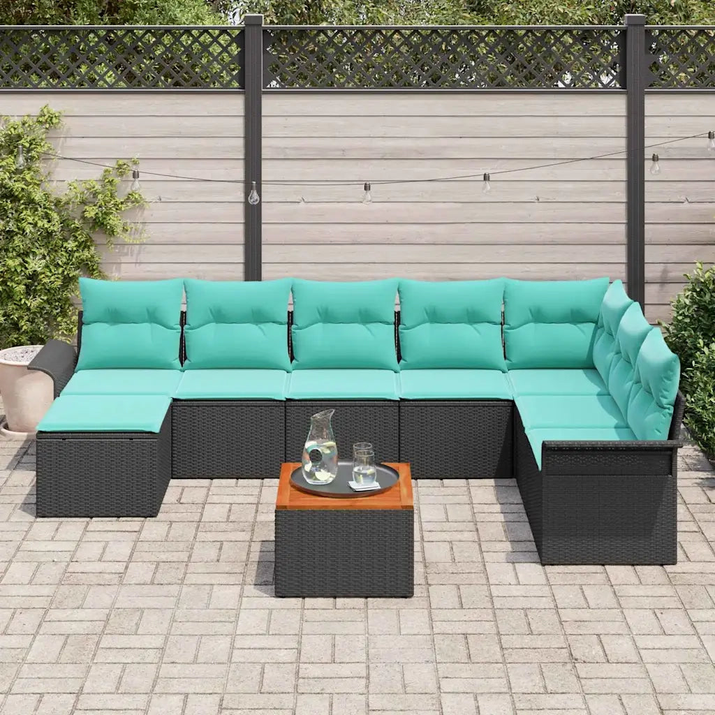 Set Divano da Giardino con cuscino 9 pcs Nero polyrattan
