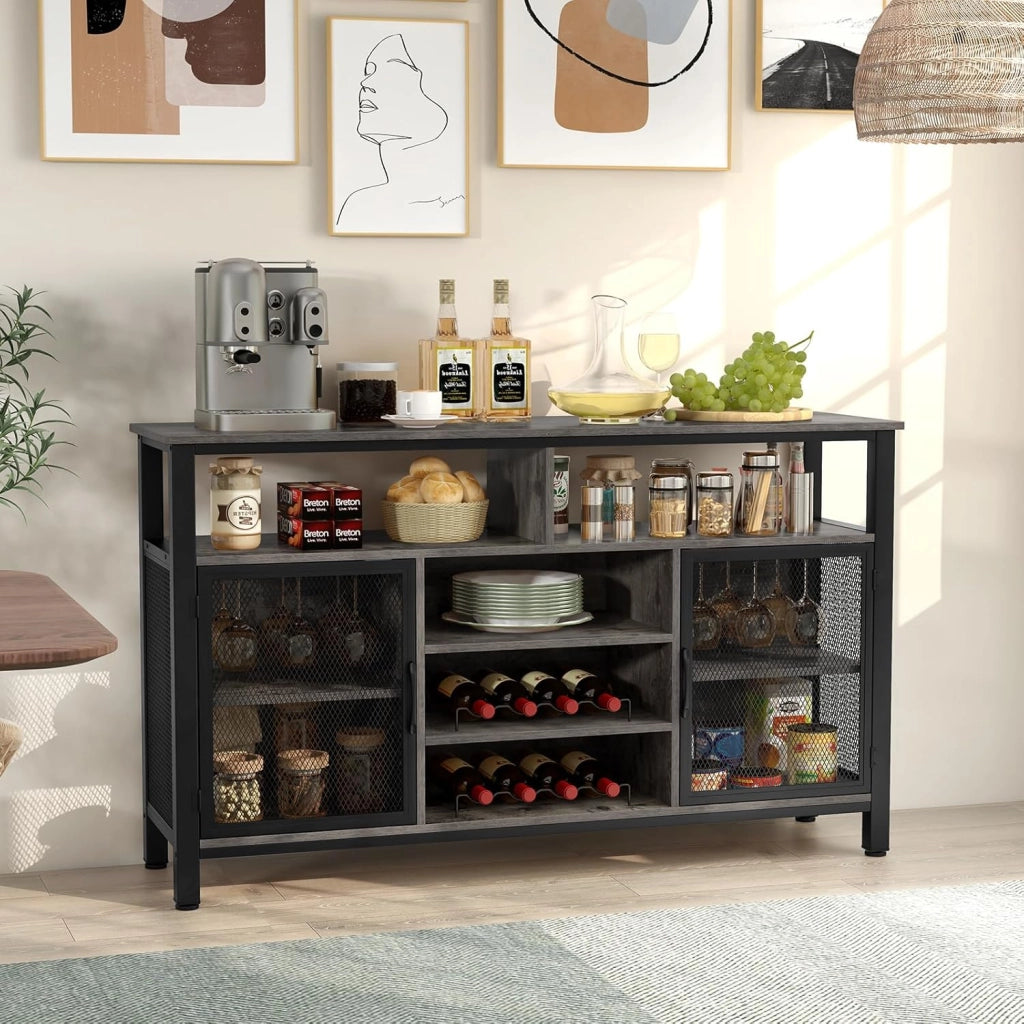 Credenza da Buffet, Mobilellto da Cucina con Portabottiglie e Portabicchieri, Porta TV per TV fino a 60" con 2 Armadietti con Anta, 3 Ripiani e 2 Scomparti Aperti, Nero/Grigio(Grigio)