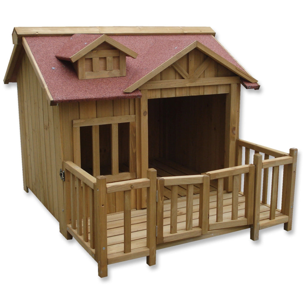 Cuccia e capanna per cani di lusso XL Terrazza in legno e porta a lamelle Legno massiccio