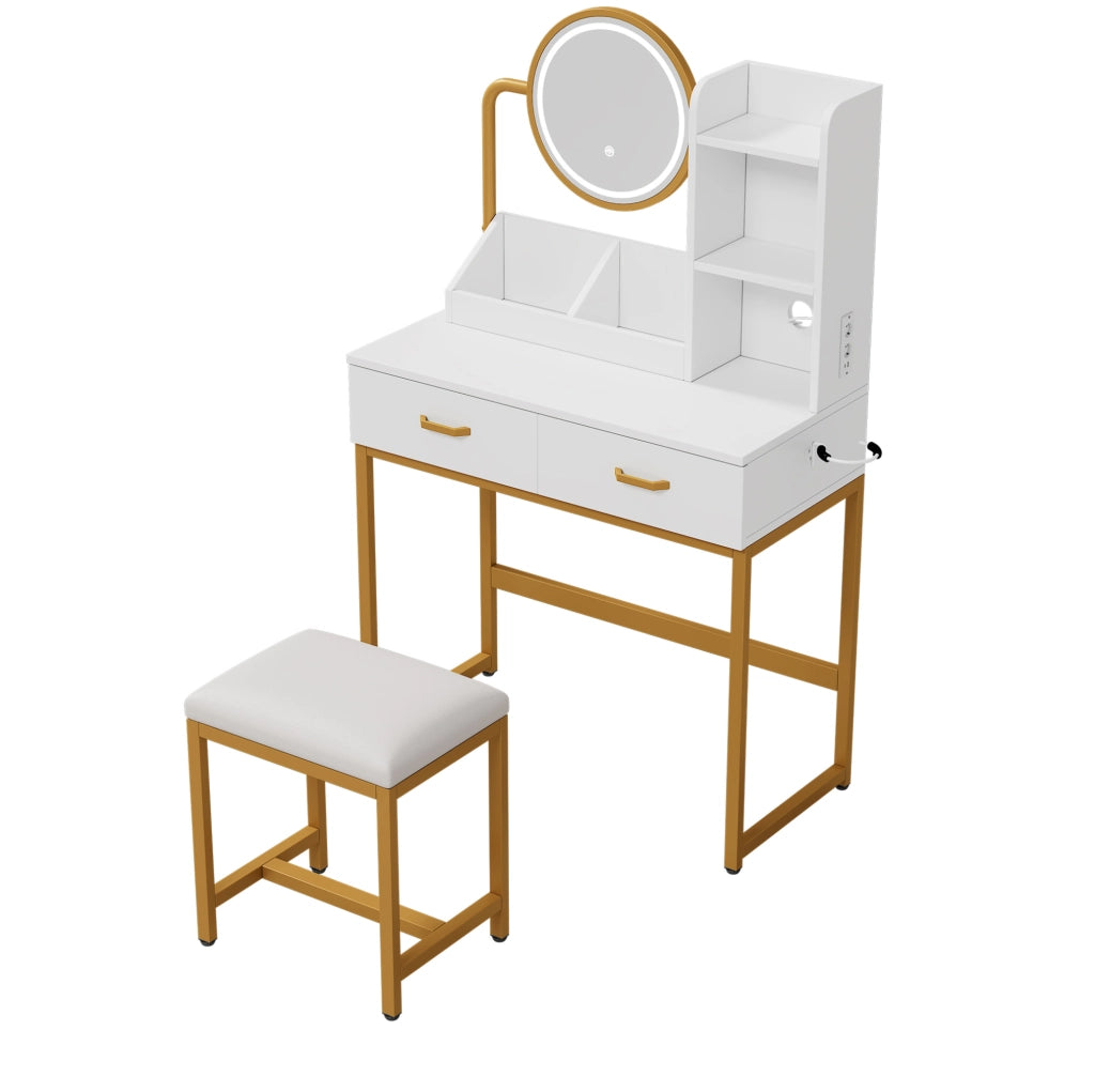 Toeletta con specchio LED; prese e USB; portaphon; 80 x 40 x 138;5 cm; bianco e oro