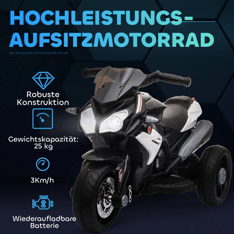 Motocicletta elettrica per bambini, con luci e suoni, 3 km/h, ricaricabile, in plastica e metallo, colore nero/bianco