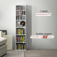Libreria Scaffale Porta CD 33x24x140 cm con 6 Ripiani Regolabili Capacità di 260 CD/120 DVD Bianco