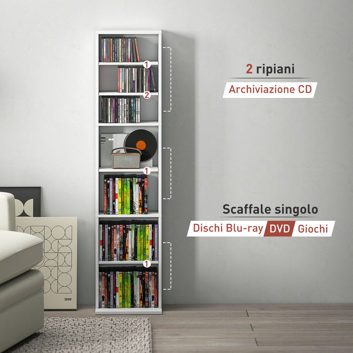 Libreria Scaffale Porta CD 33x24x140 cm con 6 Ripiani Regolabili Capacità di 260 CD/120 DVD Bianco