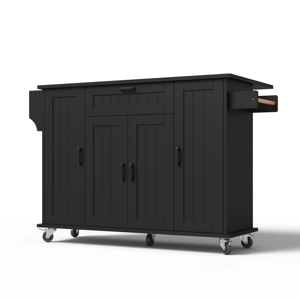 Isola Cucina con Piano Pieghevole e Ruote ¨C MINIMAL ¨C Nero, 4 Ante, 1 Cassetto, 120x45x95