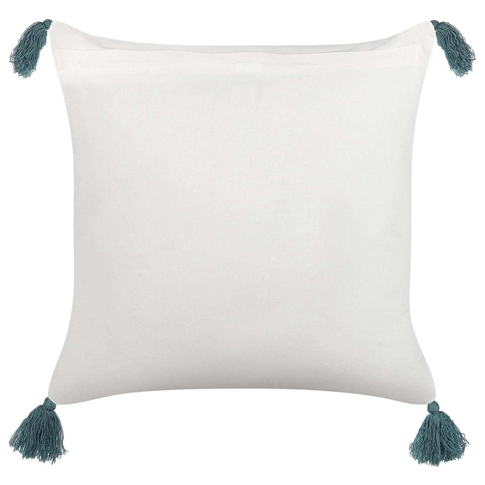 Set di 2 cuscini decorativi bianchi e blu cotone 45 x 45 cm motivo floreale nappe fatto a mano rivestimento sfoderabile con imbottitura stile boho