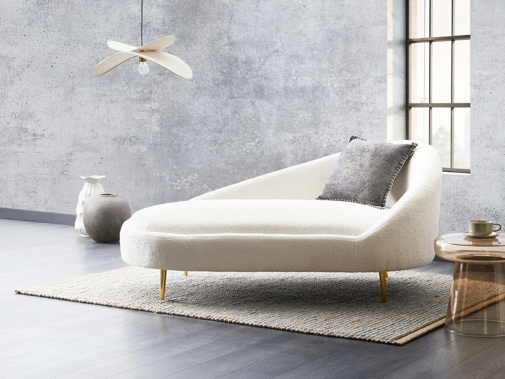 Chaise Lounge Rivestimento in poliestere Boucle bianco sporco Gambe dorate a destra Mobili da soggiorno di design moderno