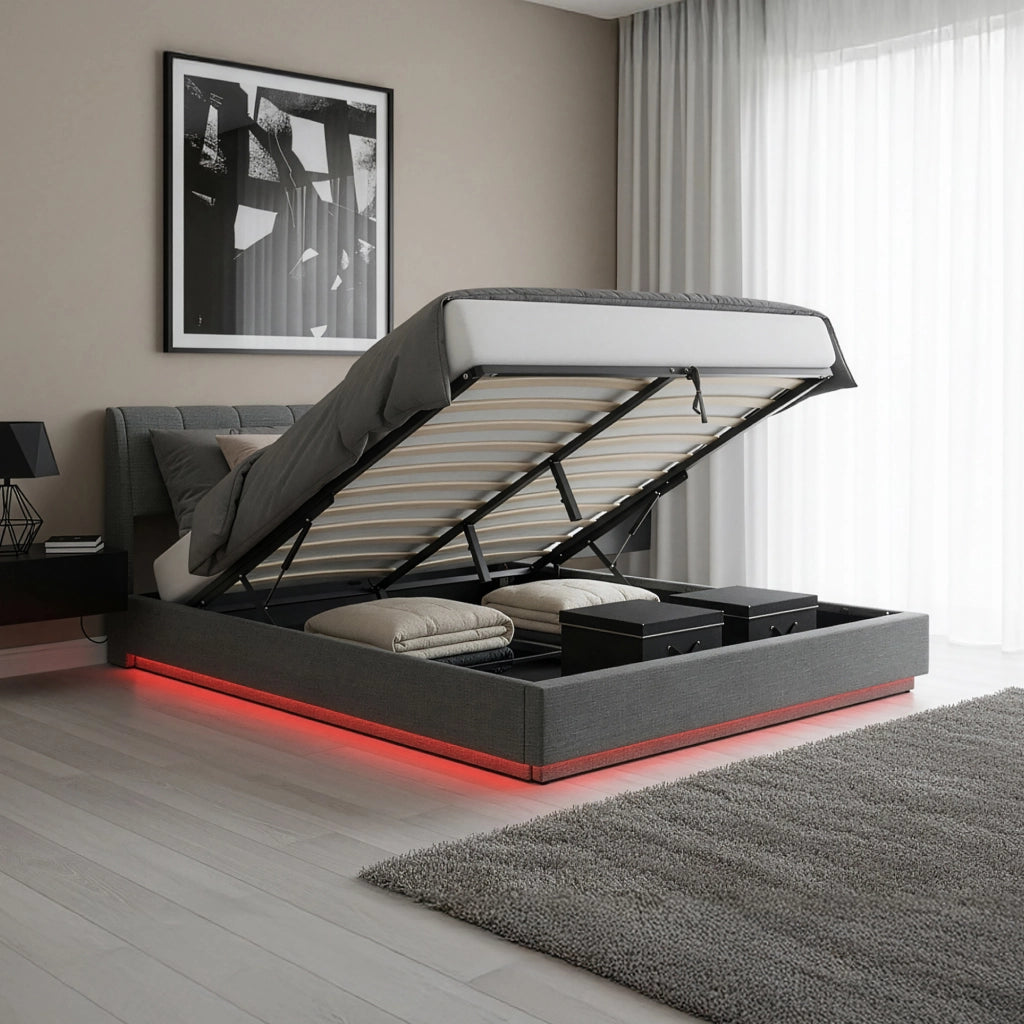 Letto Contenitore Tröstiar con Apertura a Ribalta e Luce LED Letto Doppio Matrimoniale 180x200 cm Antracite [en.casa]